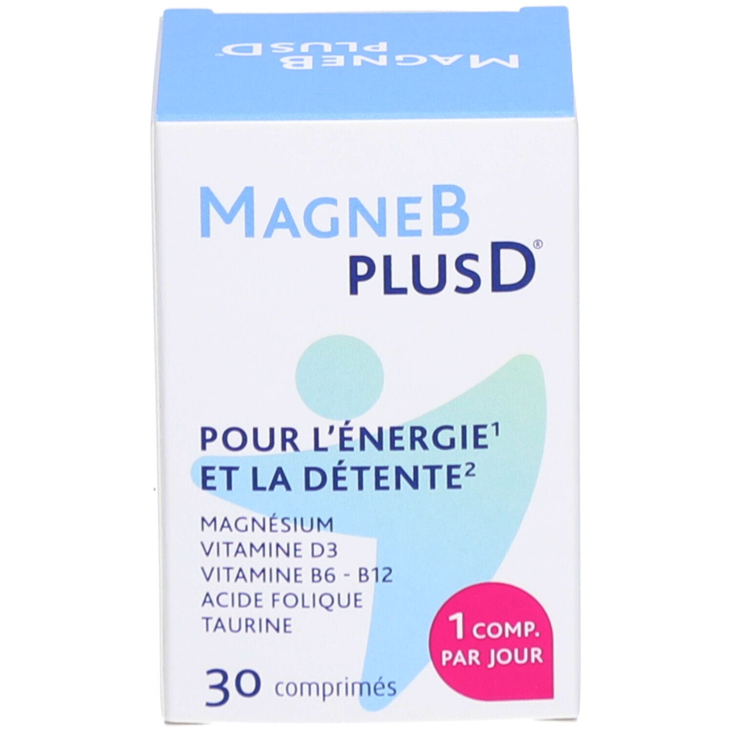 MagneBplusD®-verpakking. Tekst: Voor energie en ontspanning. Ingrediënten en dosering.