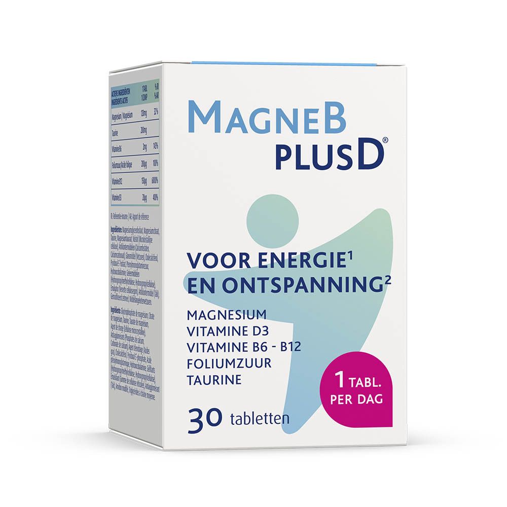 MagneBplusD®-verpakking. Tekst: Voor energie en ontspanning. Ingrediënten en dosering.