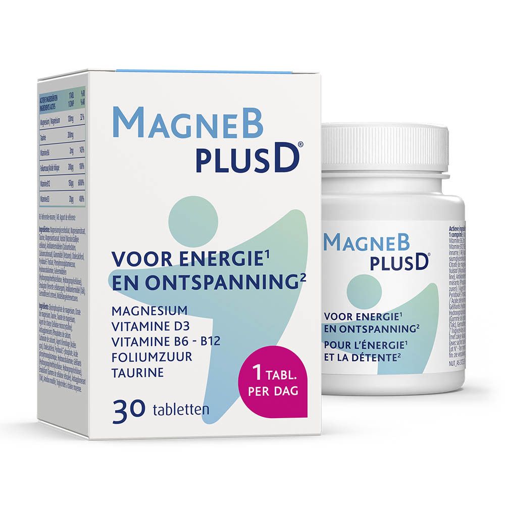 MagneBplusD®-verpakking en fles. Verpakking met tekst en ingrediënten. Fles met label.