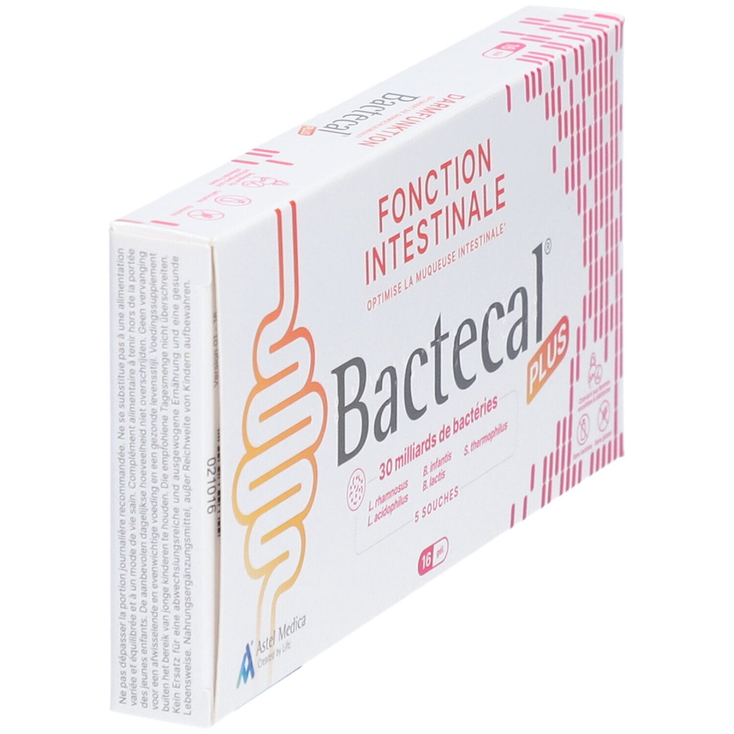 Bactecal Plus Verpackung von der Seite, mit detaillierten Informationen.