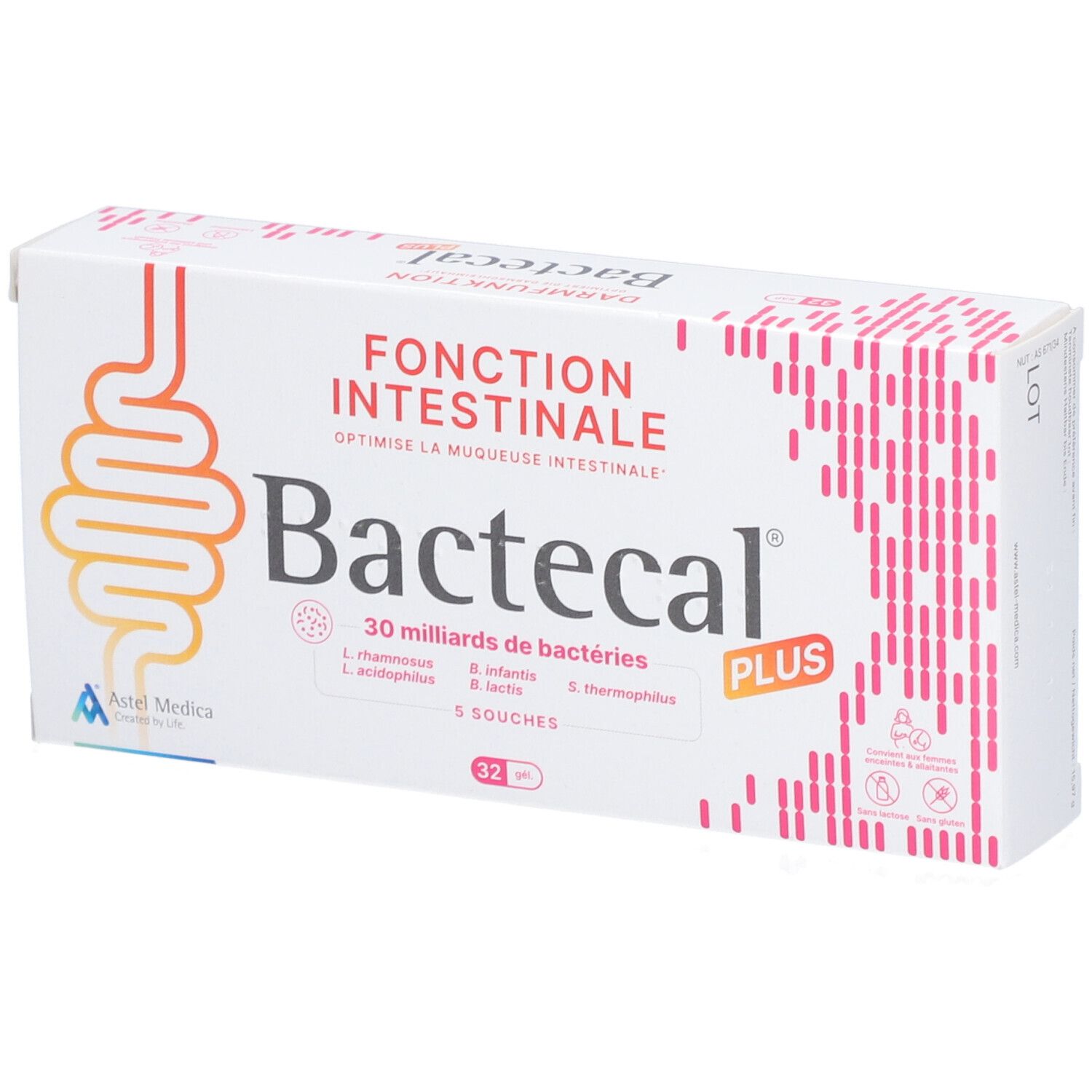 Bactecal Plus Packung mit 32 Beuteln für die Darmfunktion.