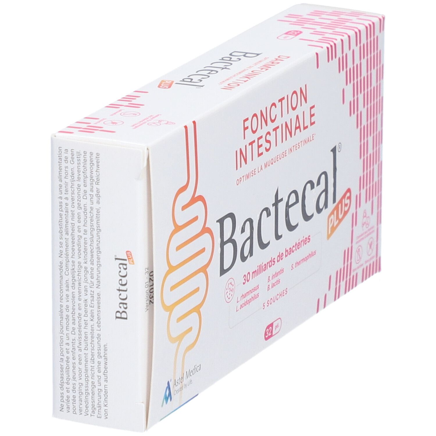 Bactecal Plus Packung mit 32 Beuteln, Seitenansicht.