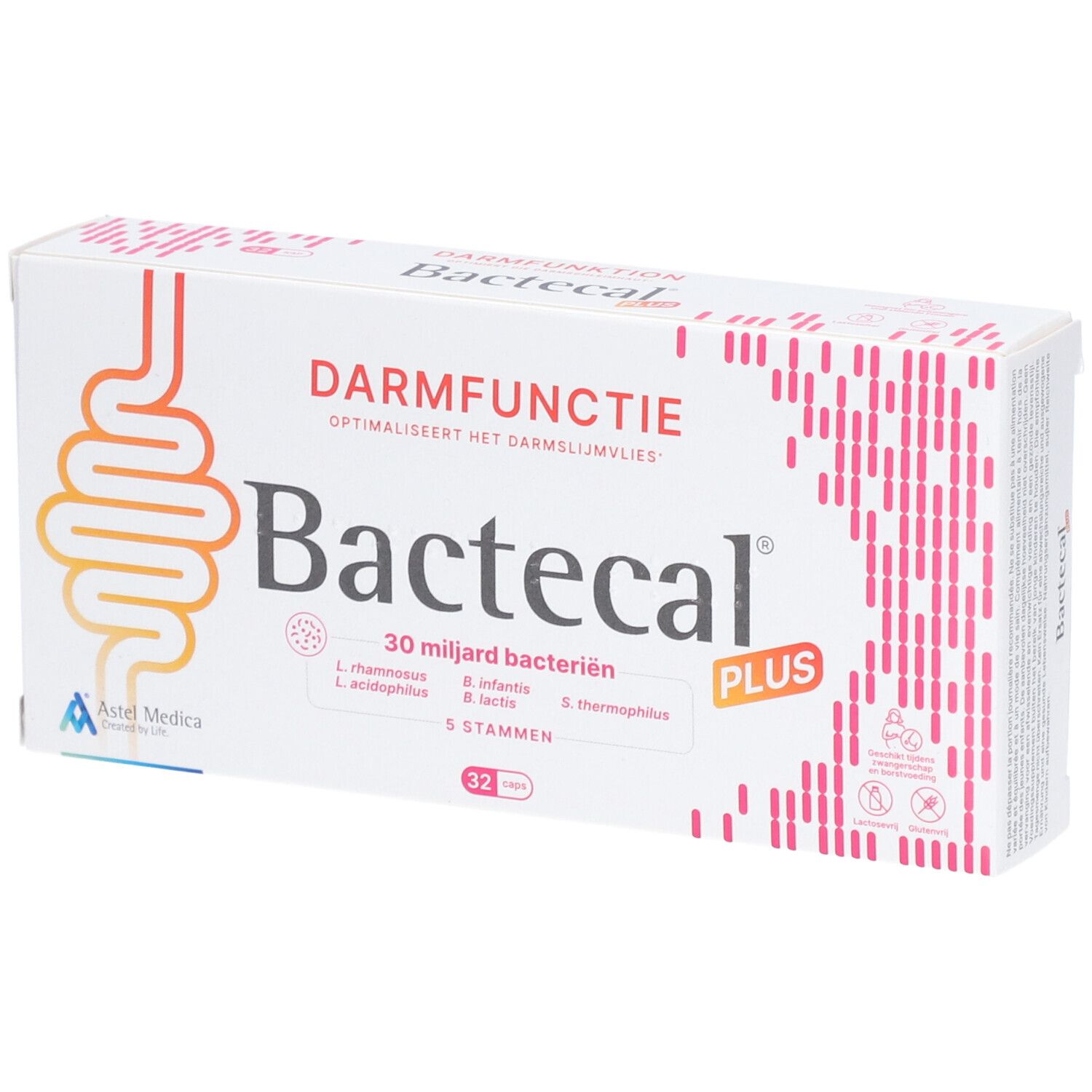 Bactecal Plus Packung mit 32 Beuteln für die Darmfunktion.