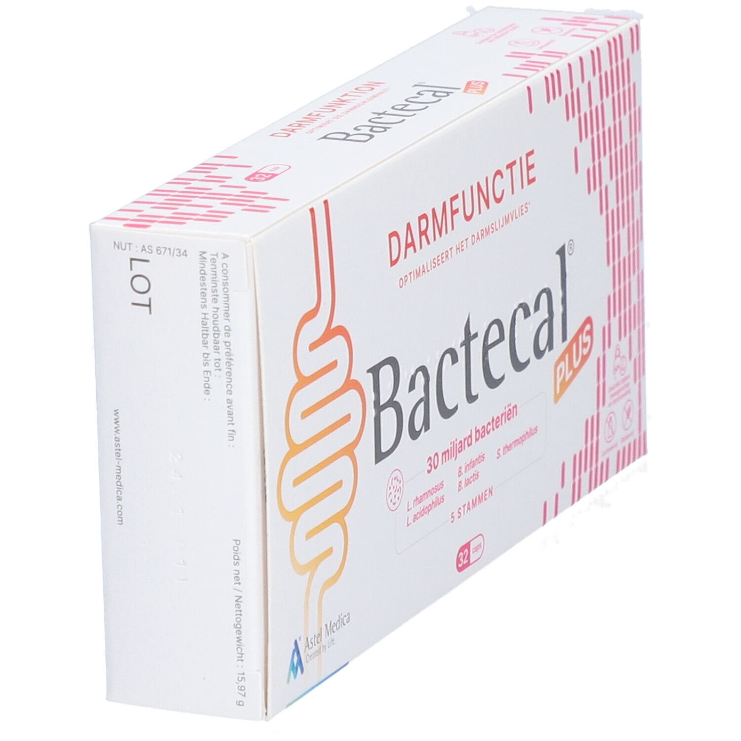 Bactecal Plus Packung mit 32 Beuteln, Seitenansicht.