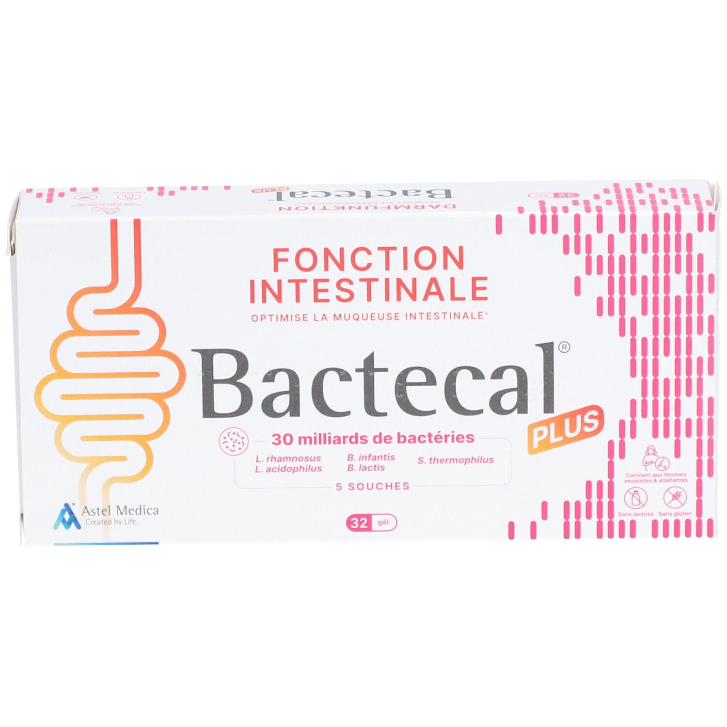 Bactecal Plus Packung mit 32 Beuteln für die Darmfunktion.