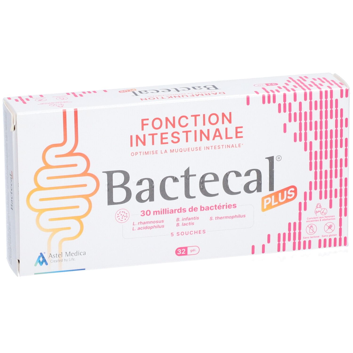 Bactecal Plus Packung mit 32 Beuteln, Seitenansicht.