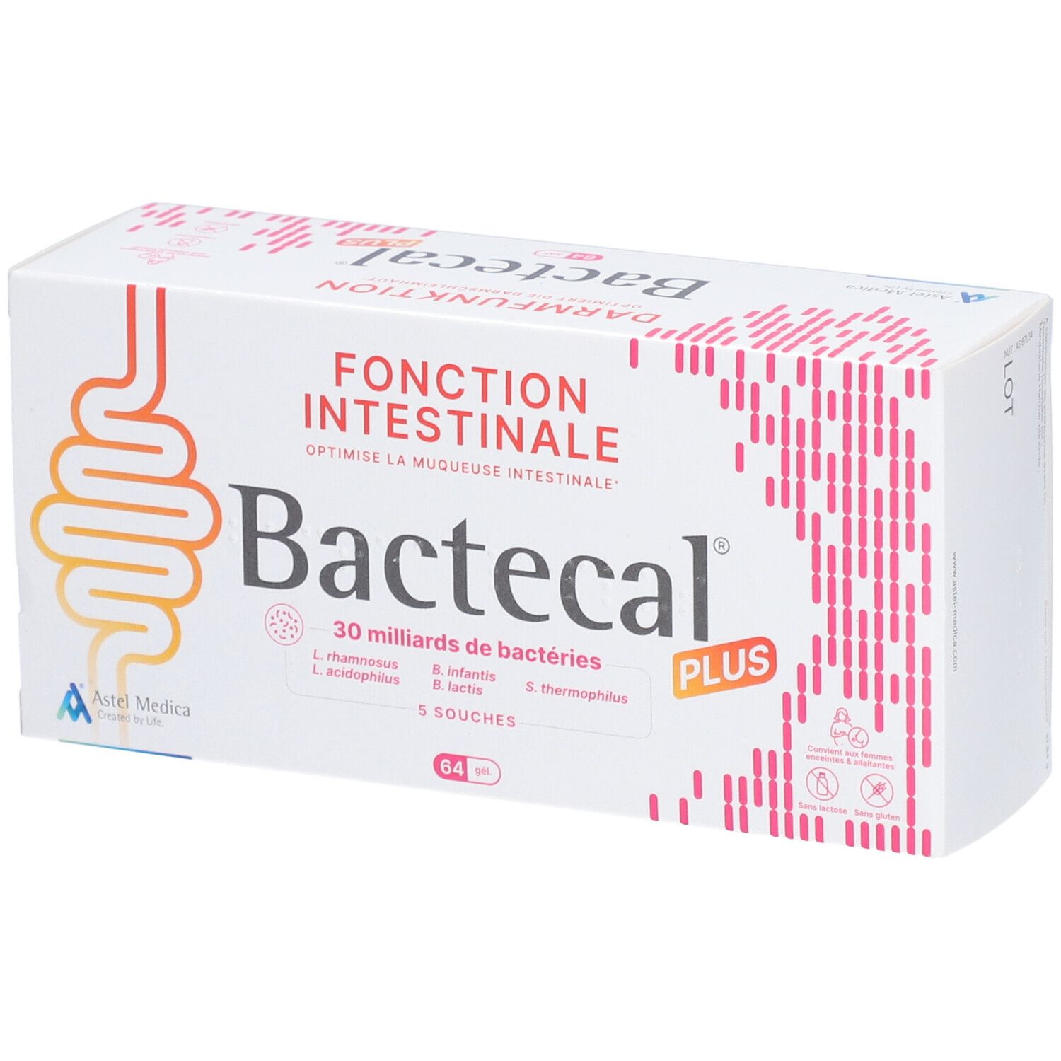 Bactecal Plus Verpackung mit Darmfunktion-Symbol und 30 Milliarden Bakterien.