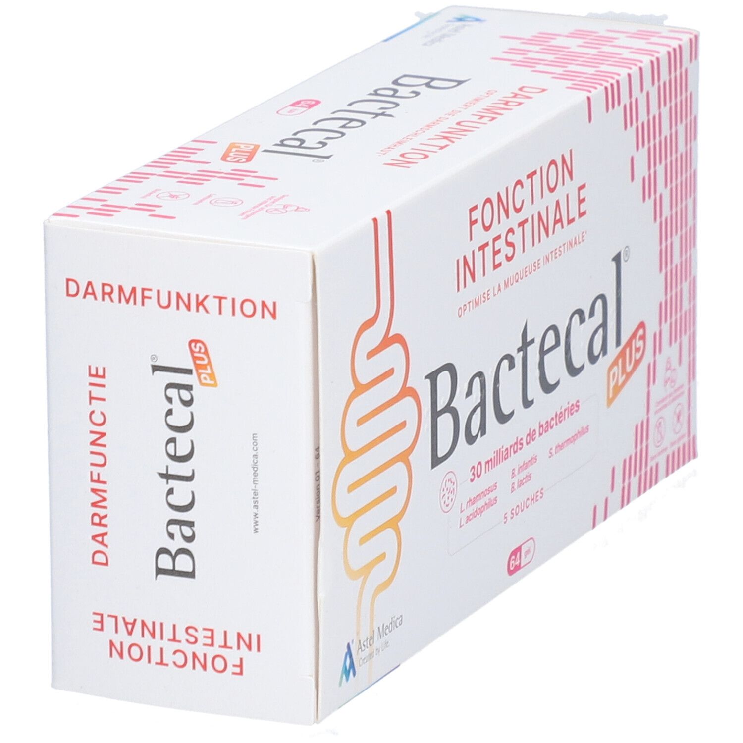 Bactecal Plus Verpackung von der Seite, mit Darmfunktion-Symbol.