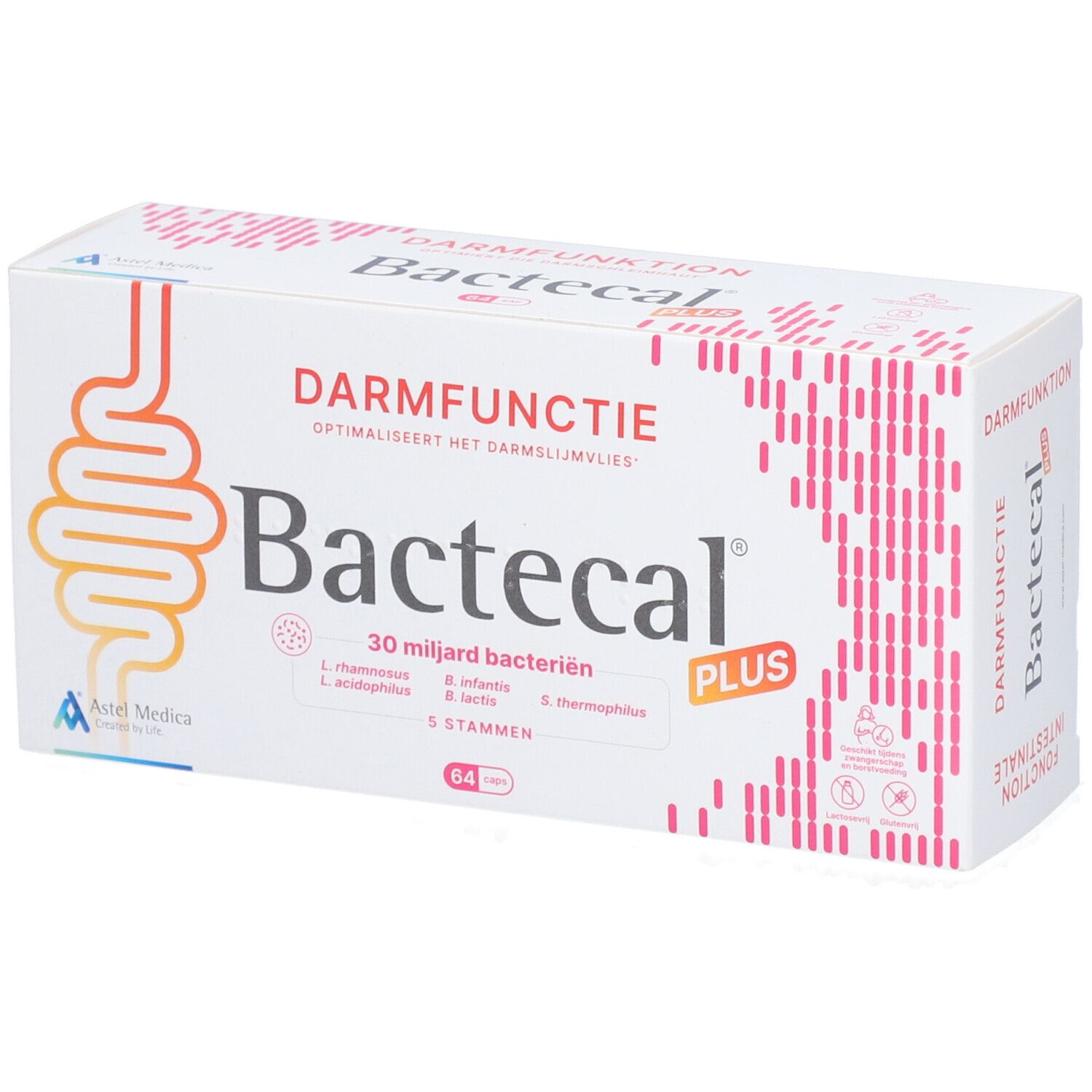 Bactecal Plus Verpackung mit Darmfunktion-Symbol und 30 Milliarden Bakterien.