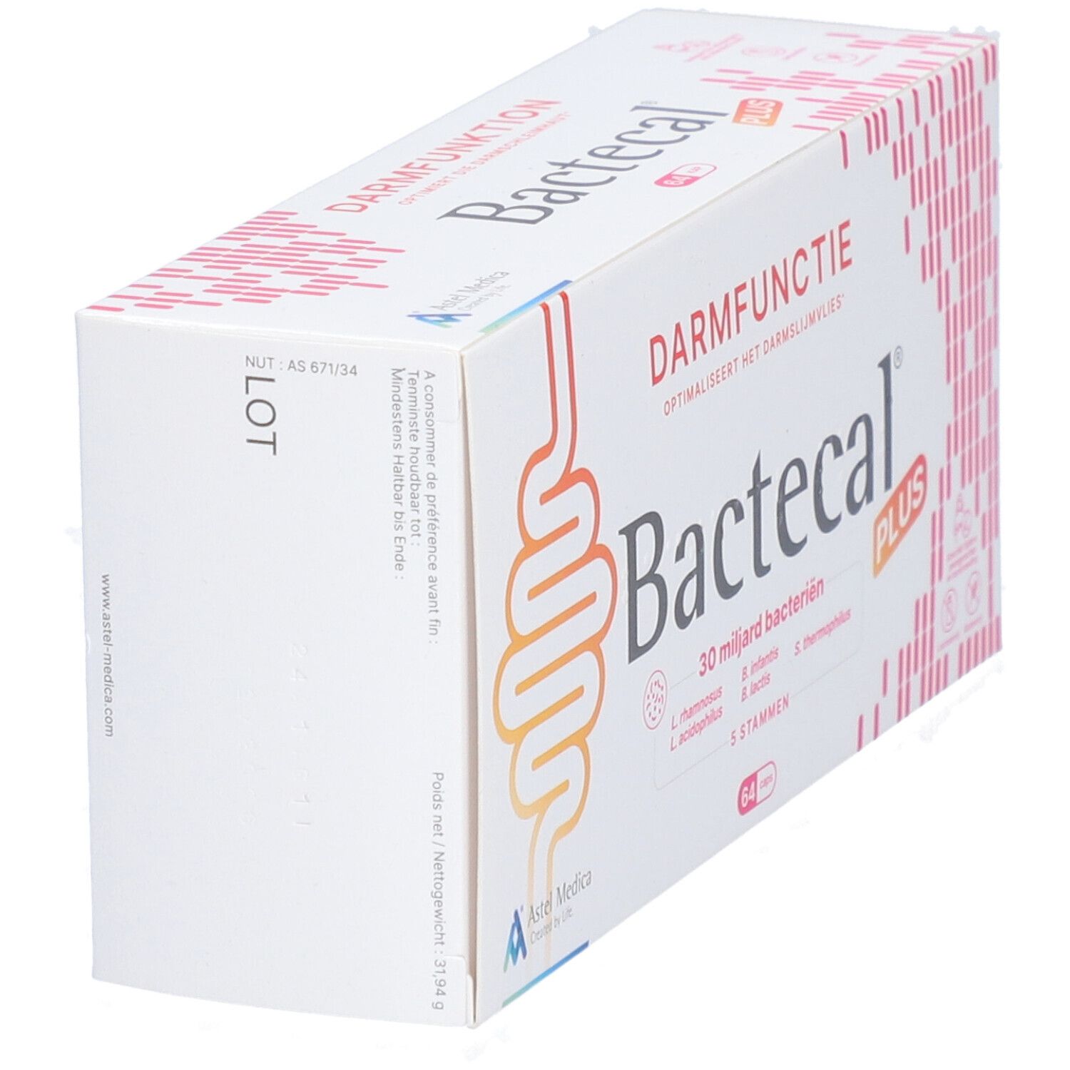 Bactecal Plus Verpackung von der Seite, mit Darmfunktion-Symbol und LOT-Nummer.