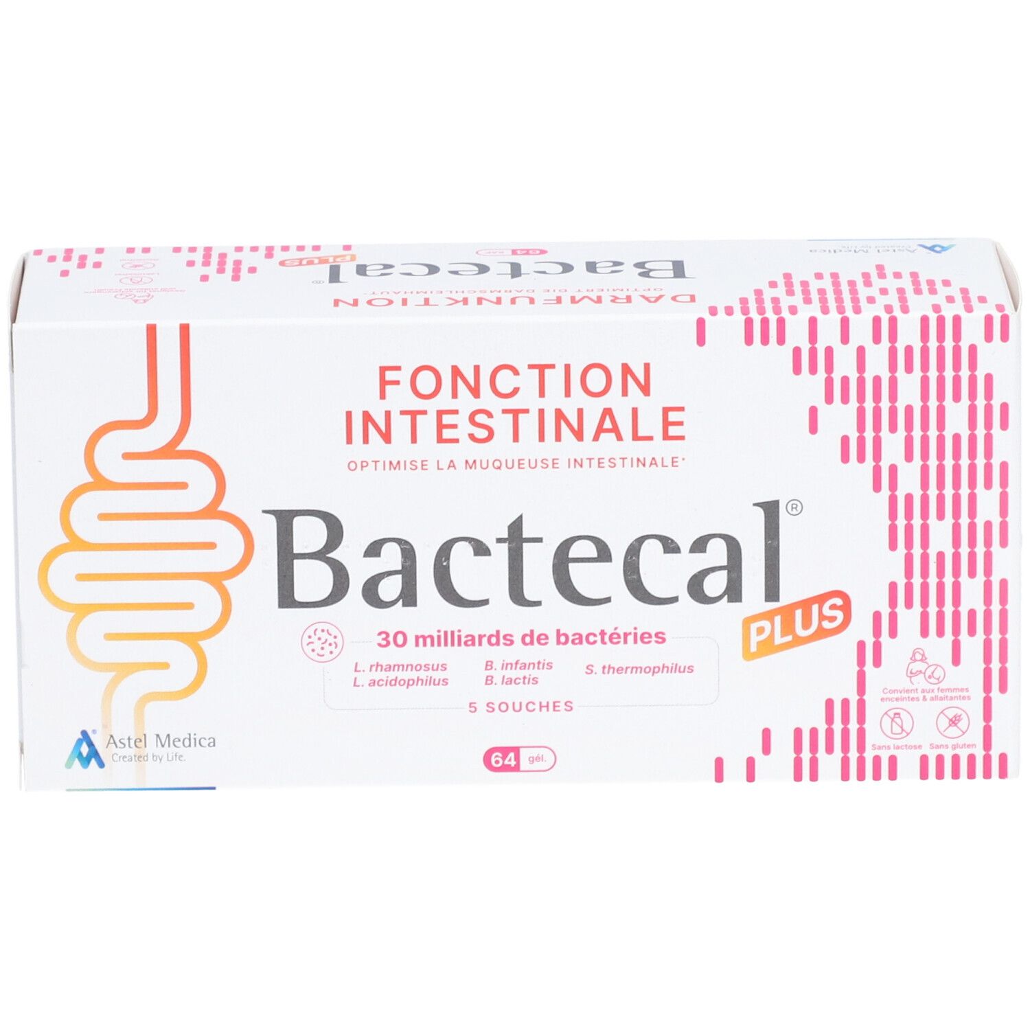Bactecal Plus Verpackung mit Darmfunktion-Symbol und 30 Milliarden Bakterien.