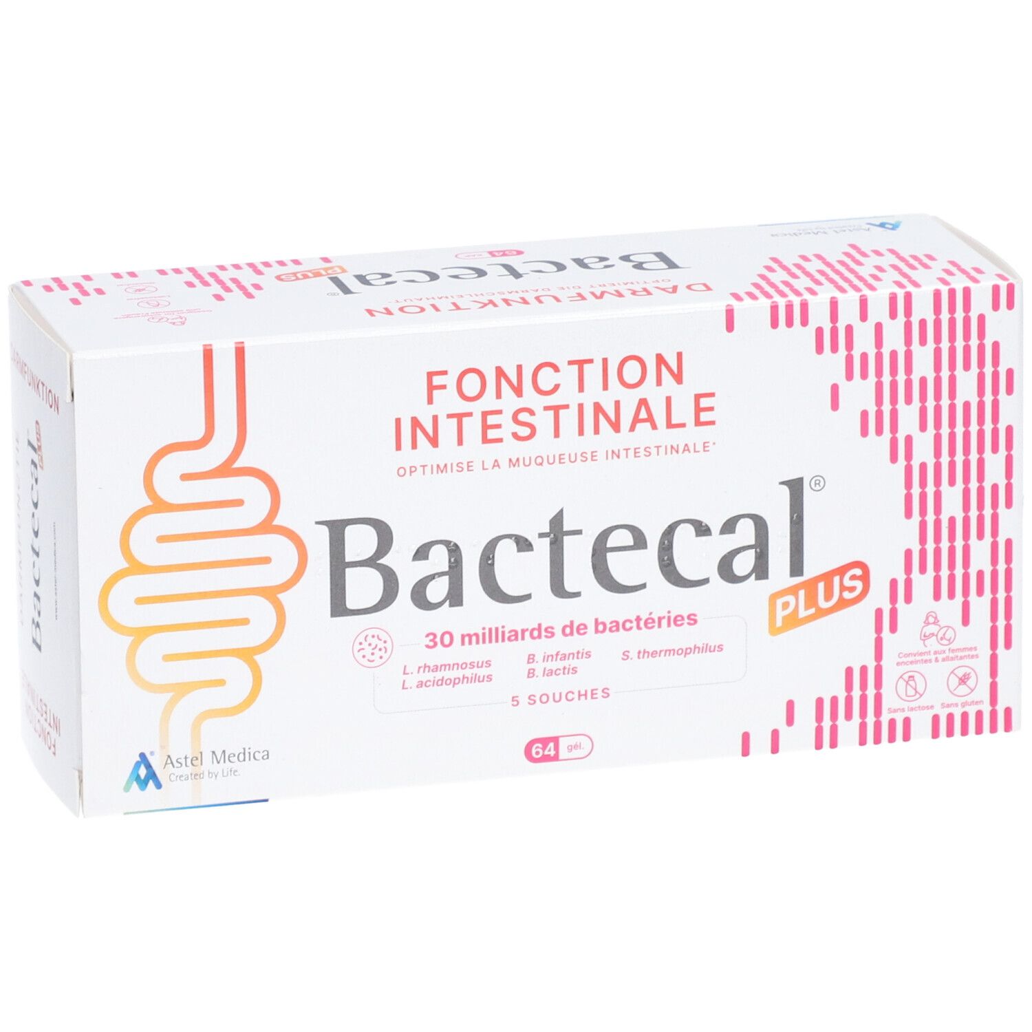 Bactecal Plus Verpackung von der Seite, mit Darmfunktion-Symbol.