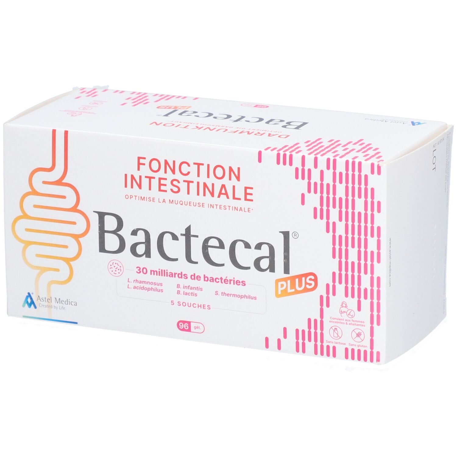 Witte verpakking Bactecal Plus. Illustratie darmfunctie. Bevat 30 miljard bacteriën en 5 stammen.