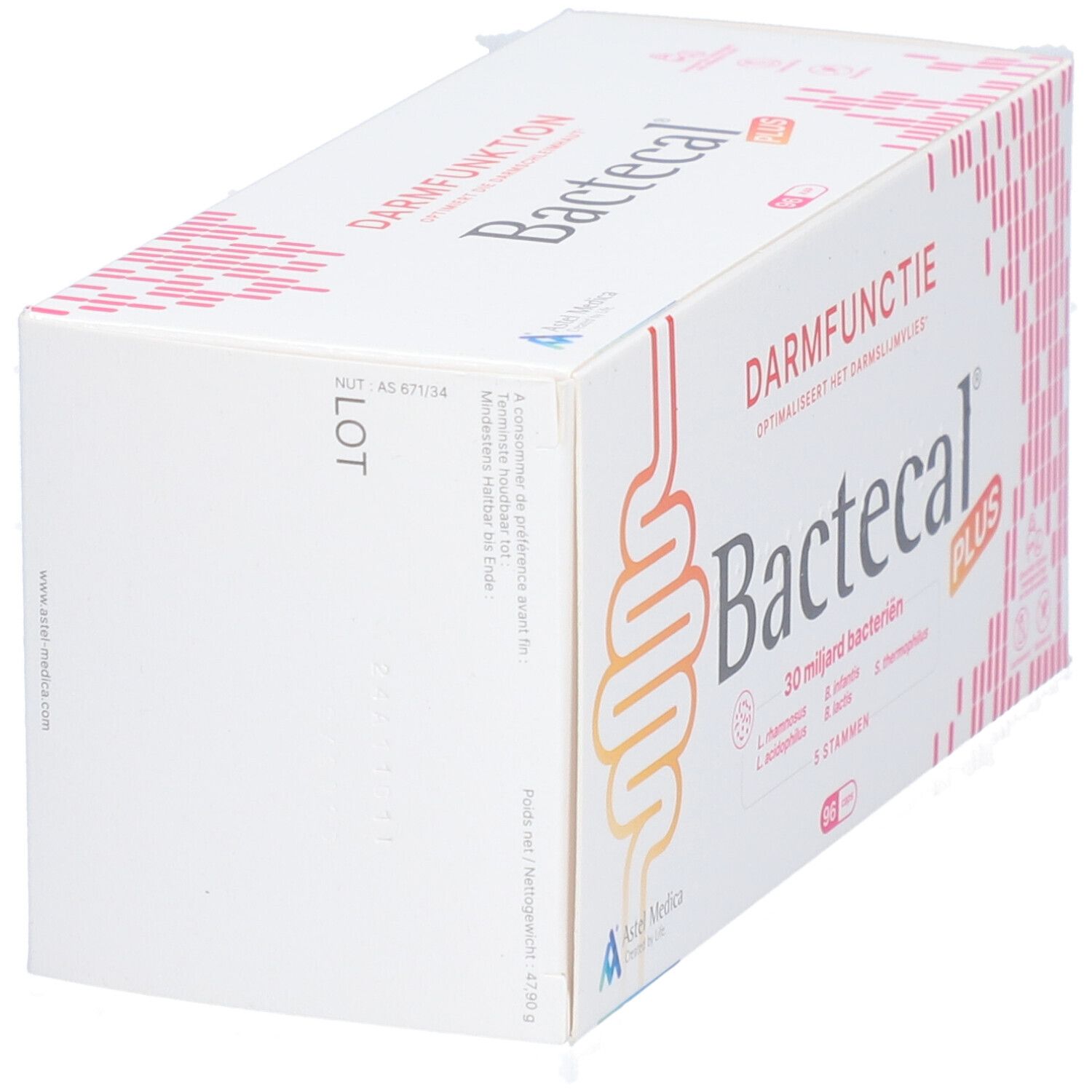 Schuine witte verpakking Bactecal Plus. Tekst in het Duits en Nederlands. Bevat 30 miljard bacteriën.