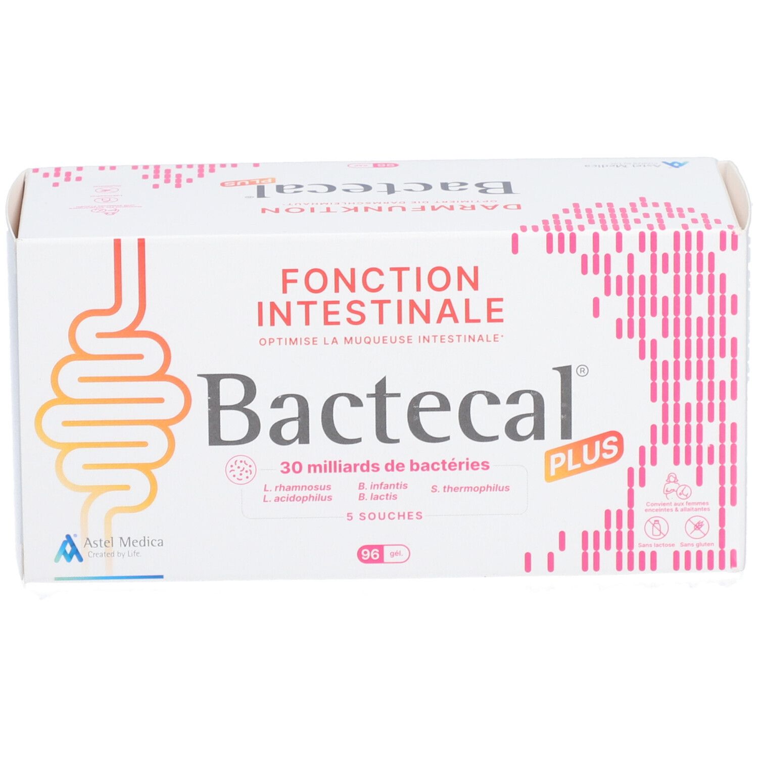 Witte verpakking Bactecal Plus. Illustratie darmfunctie. Bevat 30 miljard bacteriën en 5 stammen.