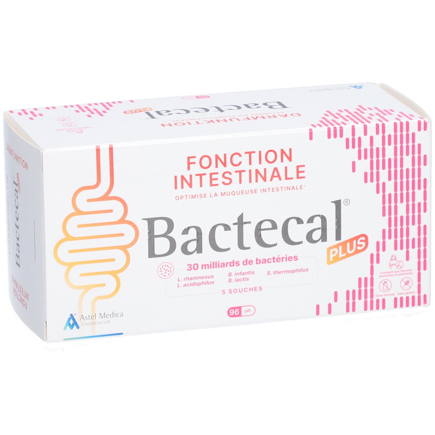 Witte verpakking Bactecal Plus. Illustratie darmfunctie. Bevat 30 miljard bacteriën en 5 stammen.