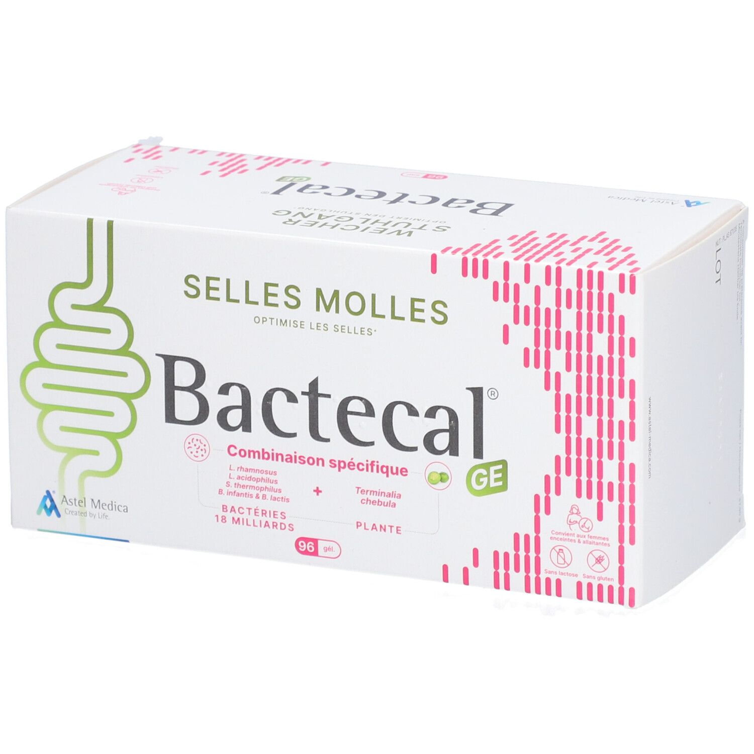Bactecal GE Packung mit Darmsymbol und rosa Strichen. Für weichen Stuhlgang.