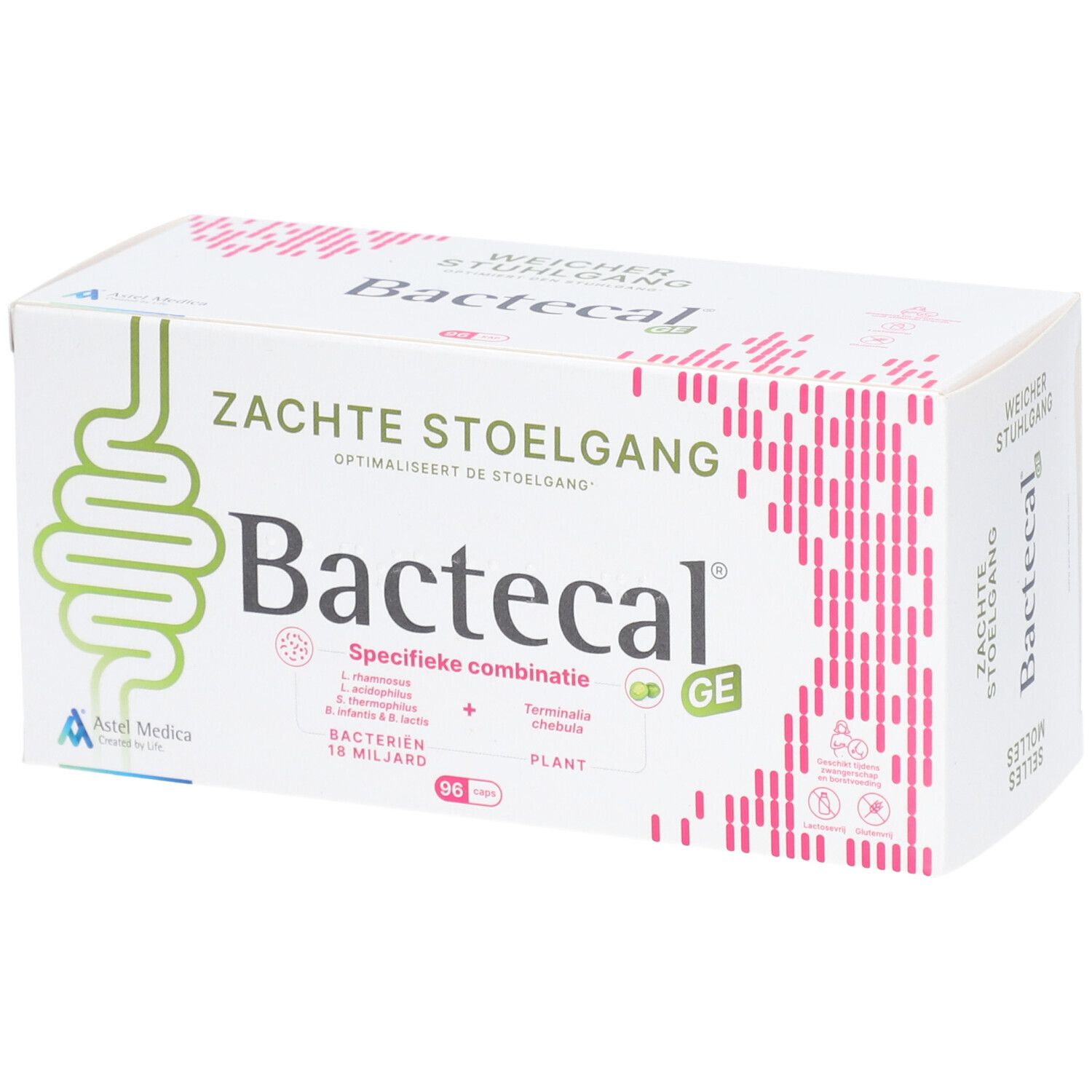 Bactecal GE Packung mit Darmsymbol und rosa Strichen. Für weichen Stuhlgang.