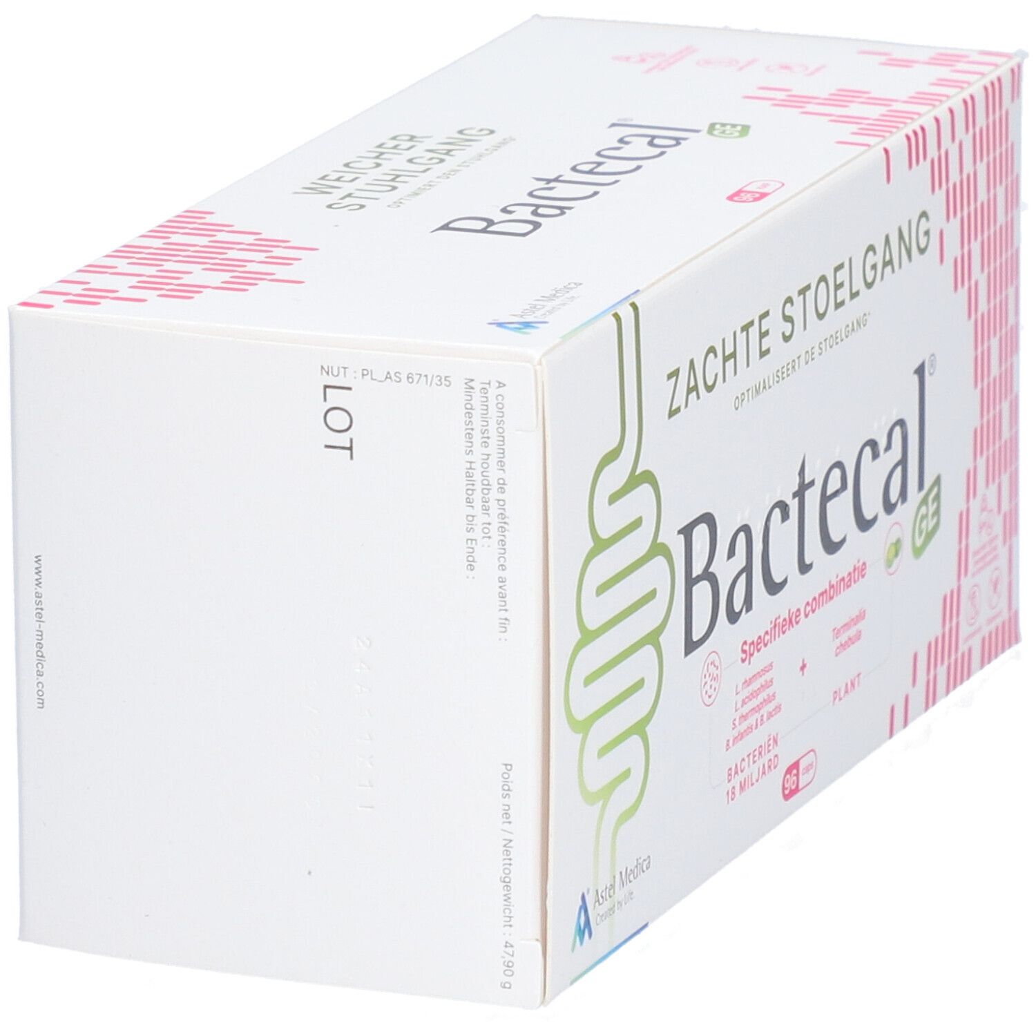 Bactecal GE Packung von der Seite mit LOT-Nummer. Für weichen Stuhlgang.