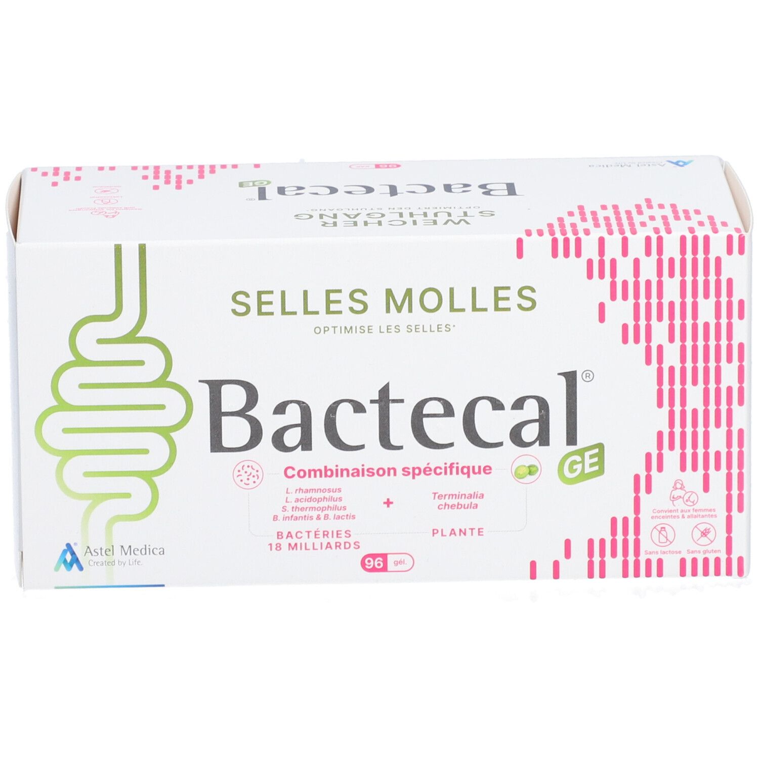 Bactecal GE Packung mit Darmsymbol und rosa Strichen. Für weichen Stuhlgang.