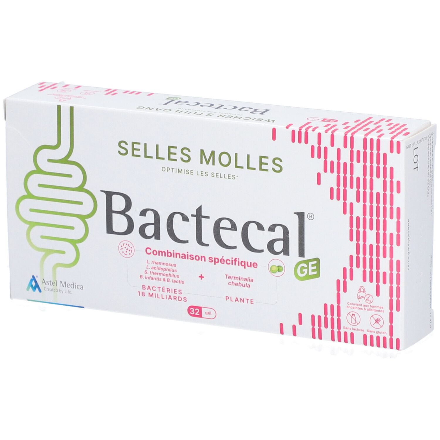 Boîte de Bactecal GE. Inscription: Selles Molles, Bactecal. Contient 32 comprimés. Logo Astel Medica.
