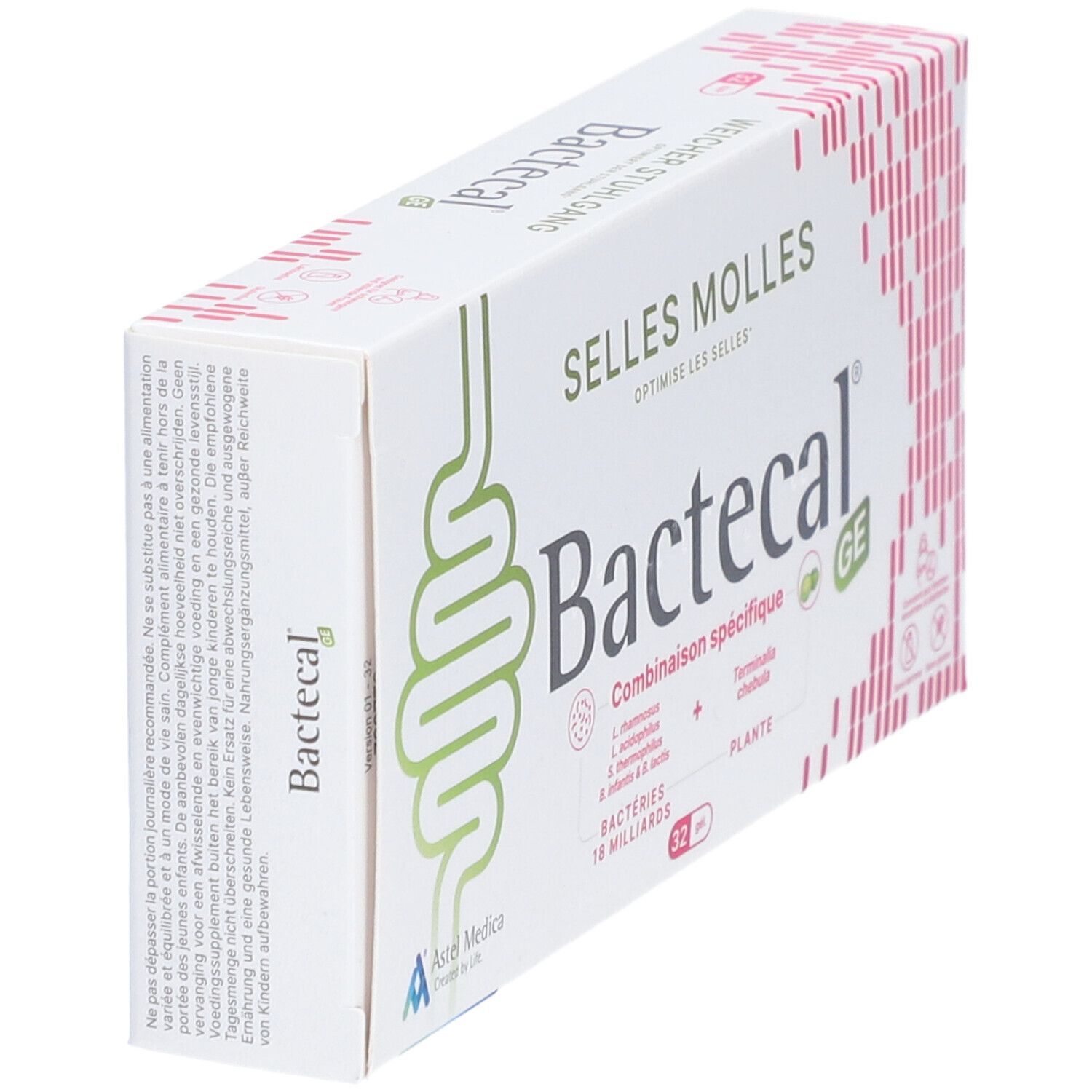 Boîte de Bactecal GE. Inscription: Selles Molles, Bactecal. Contient 32 comprimés. Logo Astel Medica. Texte nutritionnel.