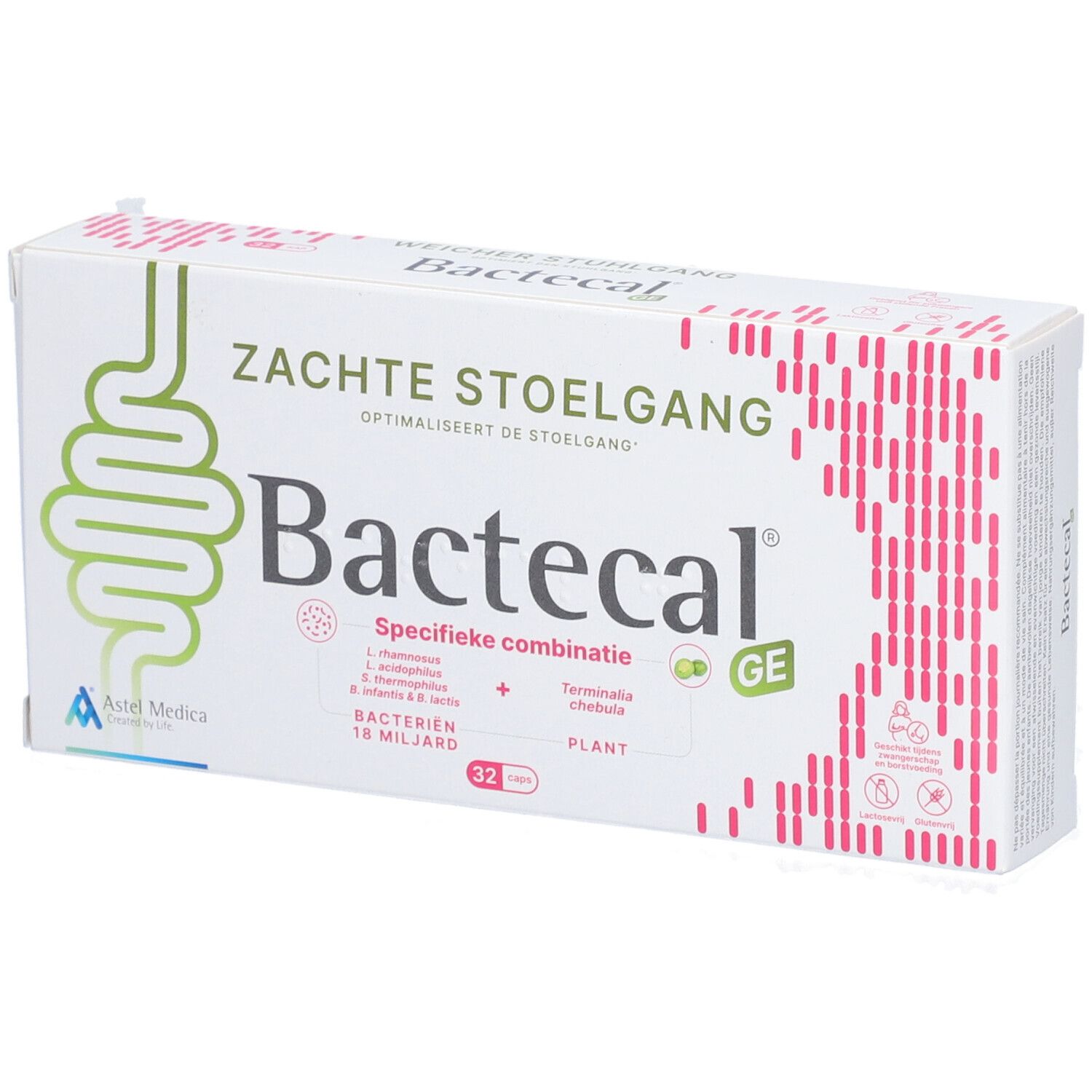 Boîte de Bactecal GE. Inscription: Zachte Stoelgang, Bactecal. Contient 32 comprimés. Logo Astel Medica.