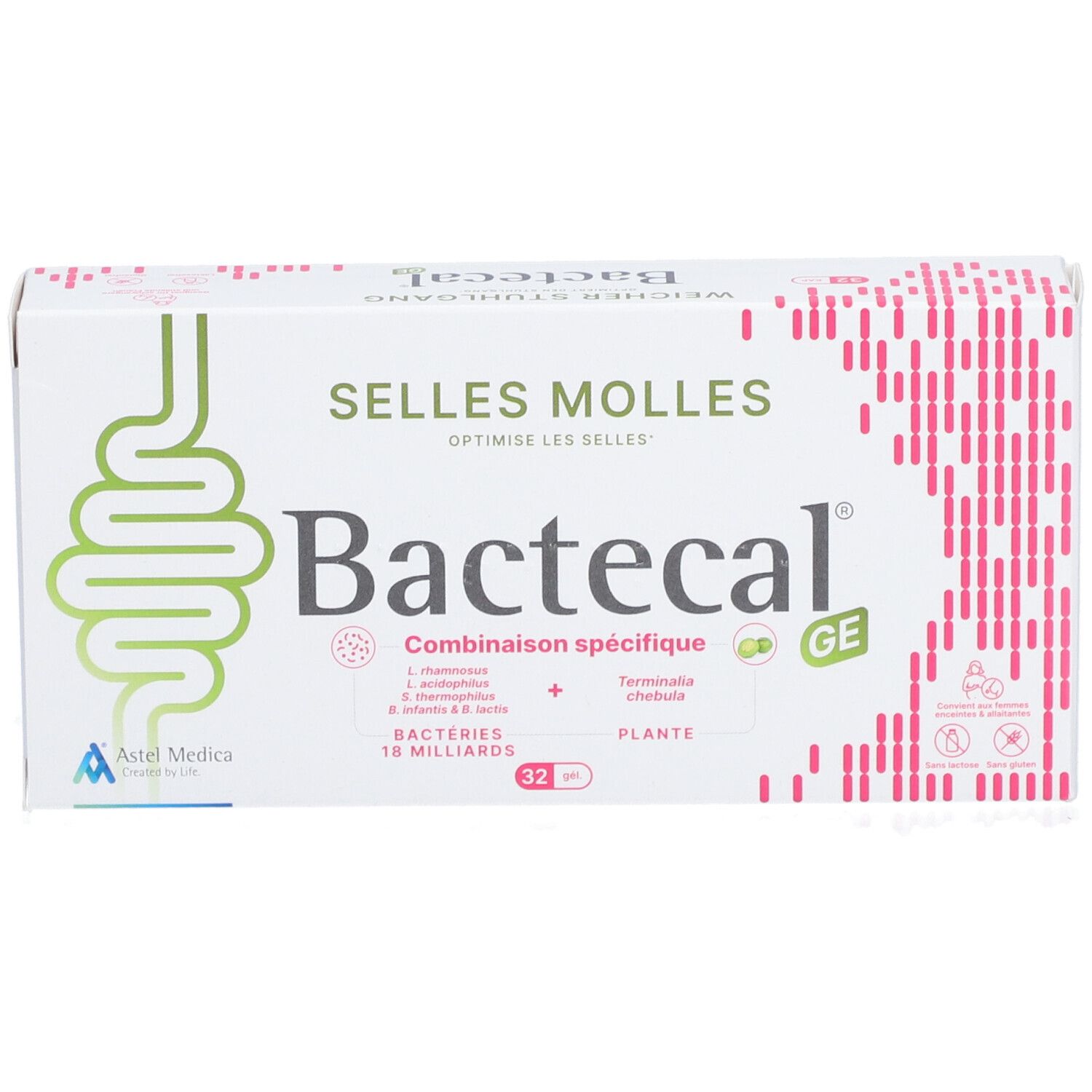 Boîte de Bactecal GE. Inscription: Selles Molles, Bactecal. Contient 32 comprimés. Logo Astel Medica. Ingrédients.