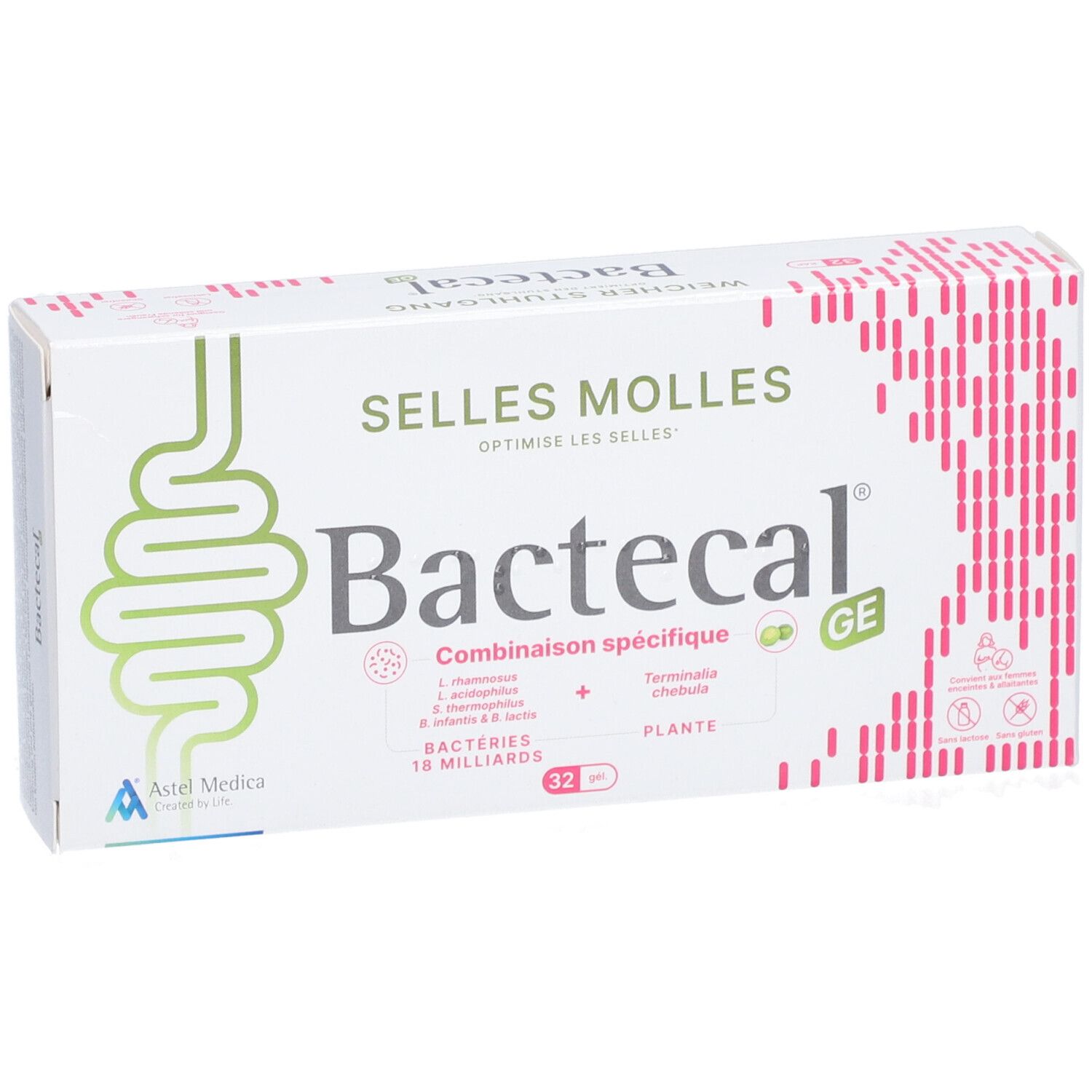 Boîte de Bactecal GE. Inscription: Selles Molles, Bactecal. Contient 32 comprimés. Logo Astel Medica. Vue détaillée.