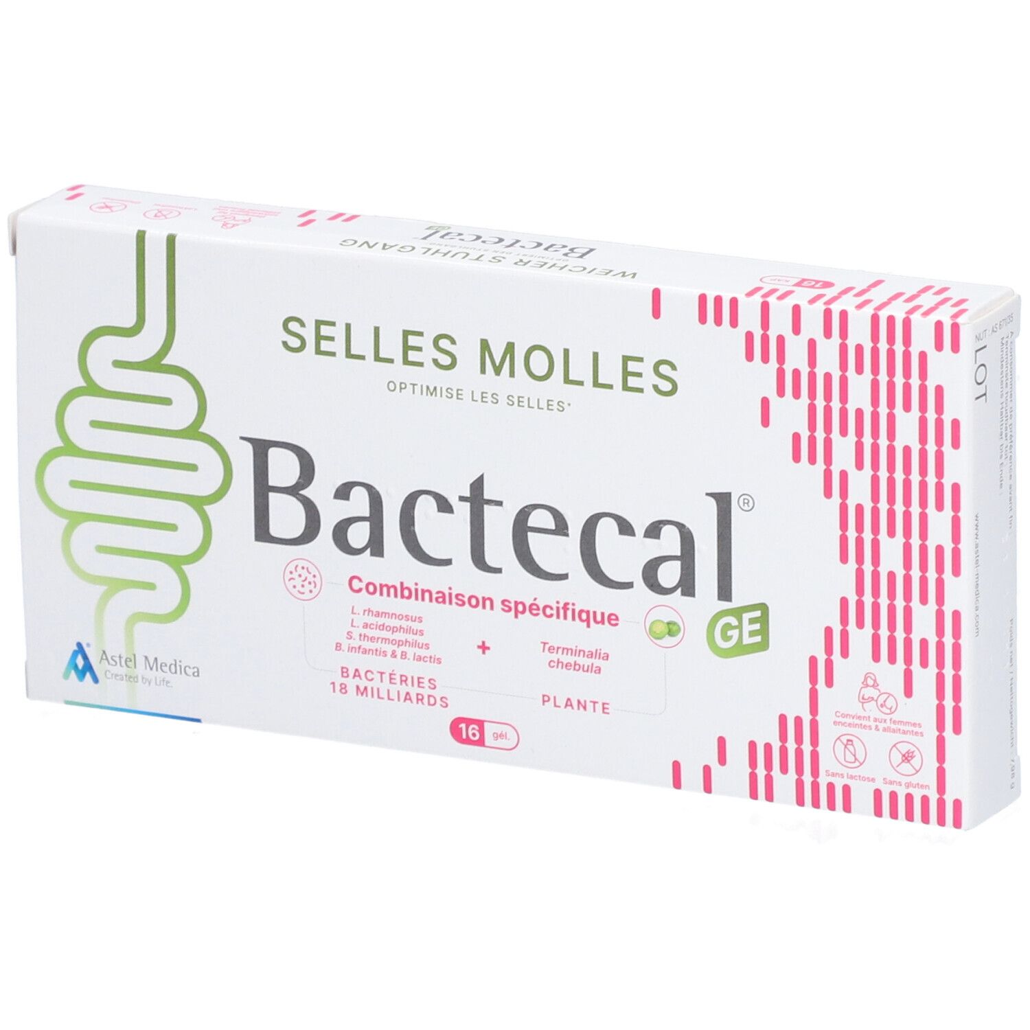 Boîte de Bactecal. Inscription: Selles Molles, 16 comprimés, 18 milliards de bactéries. Logo de l'intestin.