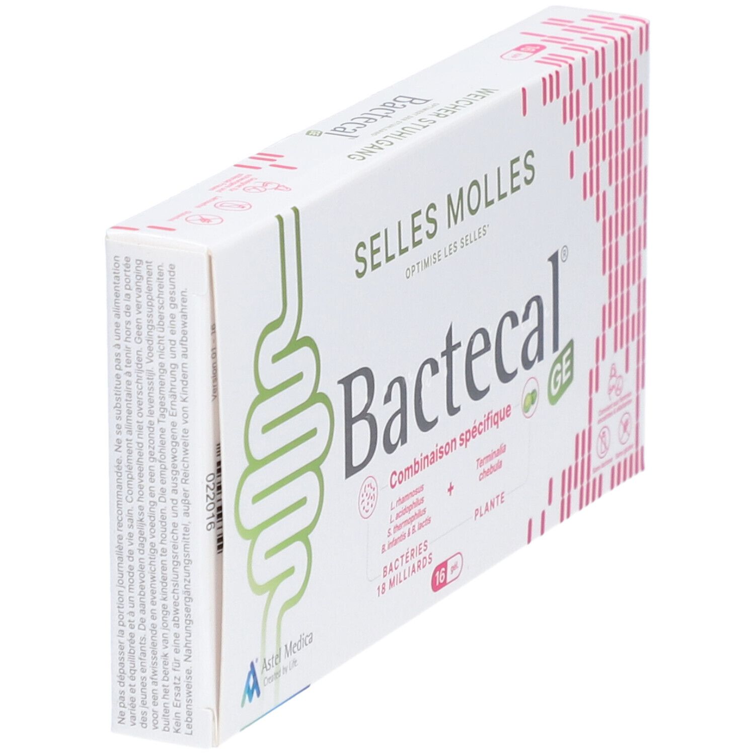 Boîte de Bactecal en biais. Inscription: Selles Molles, 16 comprimés, 18 milliards de bactéries. Logo de l'intestin.