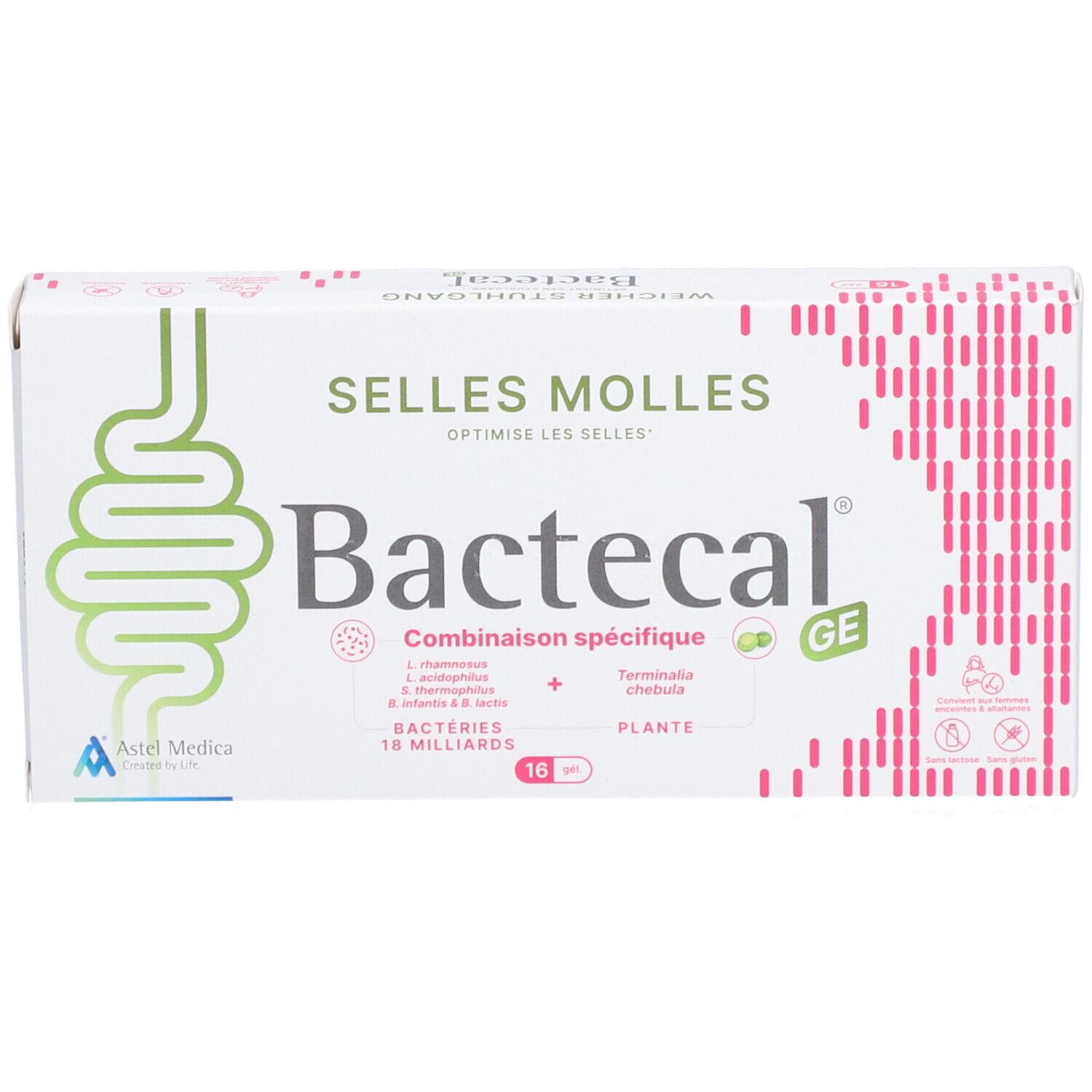 Boîte de Bactecal. Inscription: Selles Molles, 16 comprimés, 18 milliards de bactéries. Logo de l'intestin.