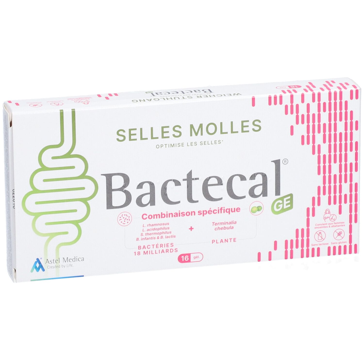 Boîte de Bactecal. Inscription: Selles Molles, 16 comprimés, 18 milliards de bactéries. Logo de l'intestin.