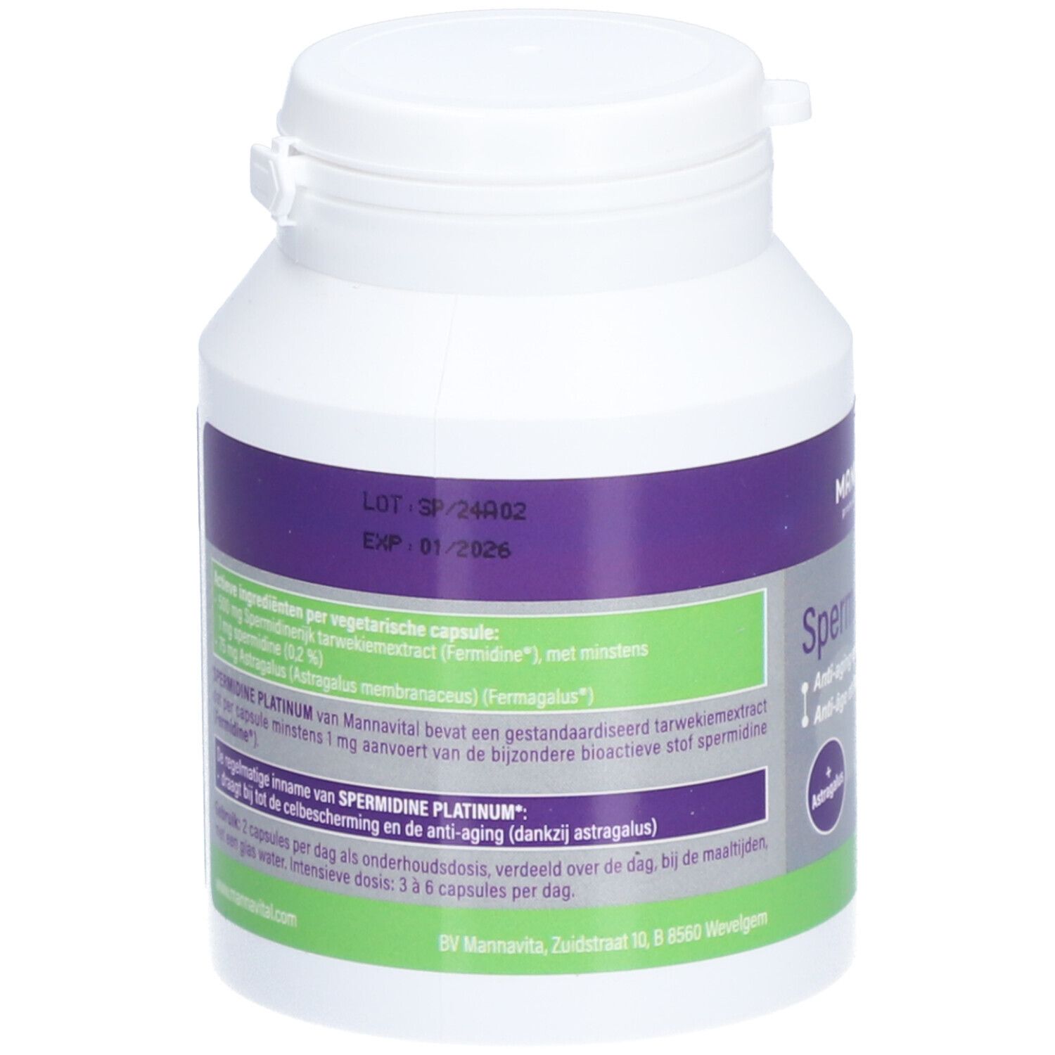 Dos d'un flacon blanc avec étiquette violette. Contient des informations sur les ingrédients et le dosage. Avec Astragalus.