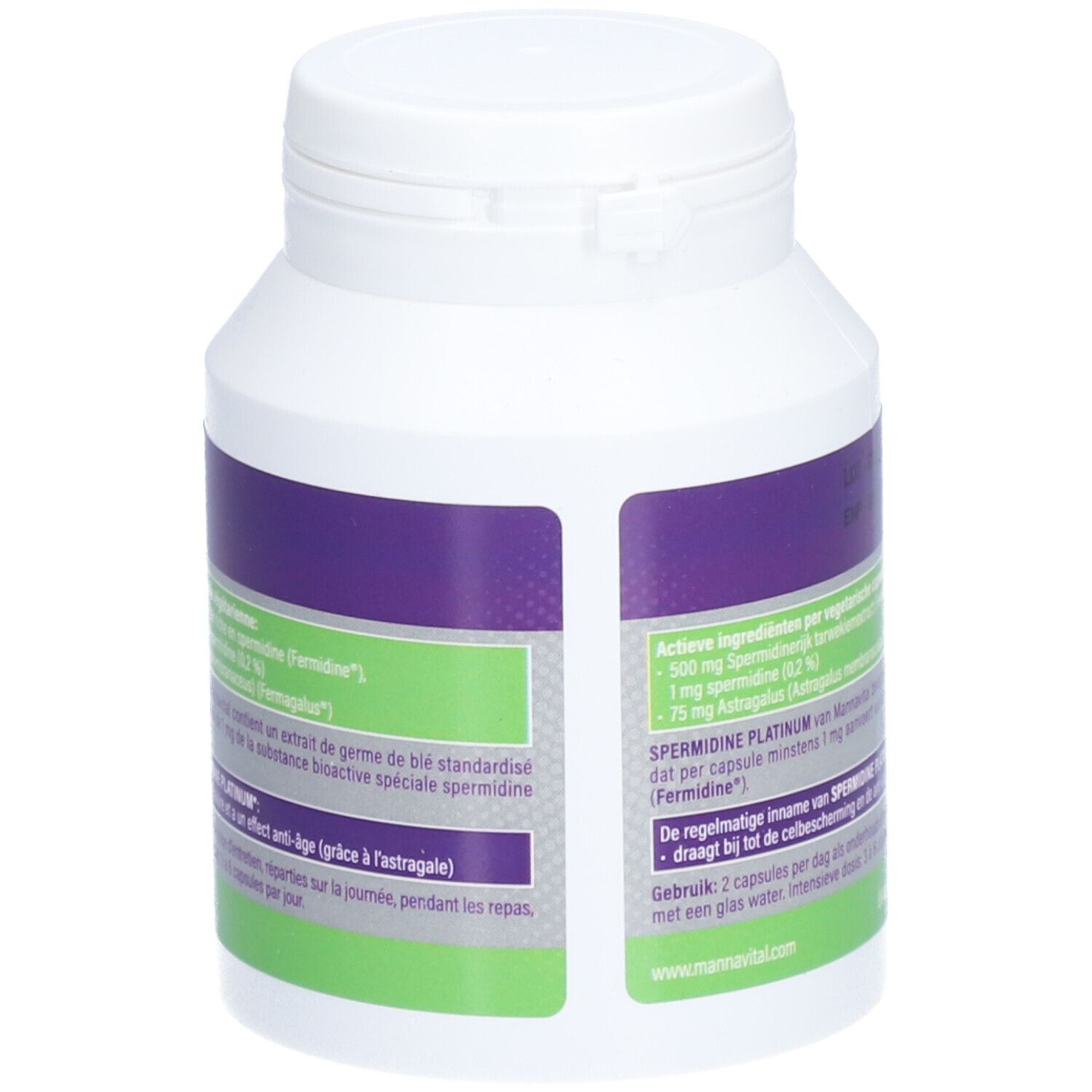 Dos d'un flacon blanc avec étiquette violette. Contient des informations sur les ingrédients et le dosage. Avec Astragalus.