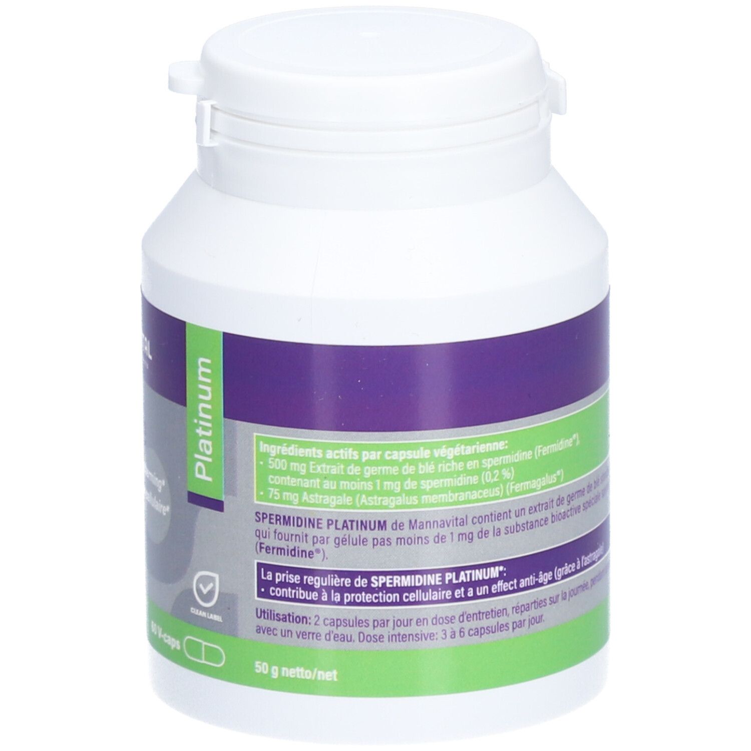 Dos d'un flacon blanc avec étiquette violette. Contient des informations sur les ingrédients et le dosage. Avec Astragalus.