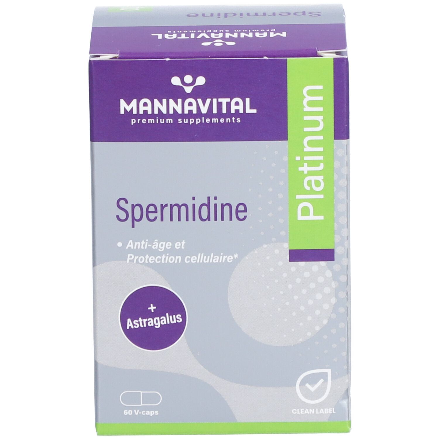 Emballage du produit: boîte. Inscription: Mannavital, Spermidine, Platinum. Contient 60 gélules. Avec Astragalus.