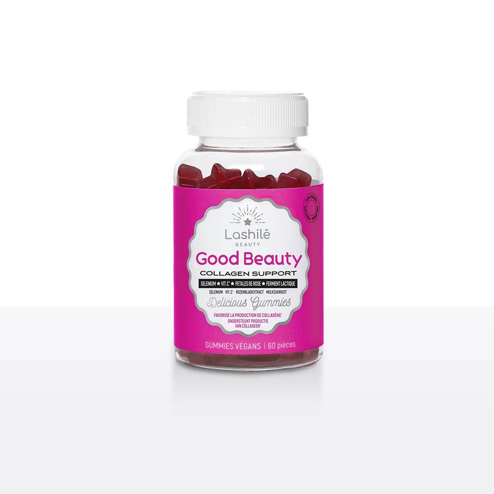 Flacon de gummies en forme d'étoiles. Inscription: Good Beauty, Collagen Support. 60 pièces. Vegan.