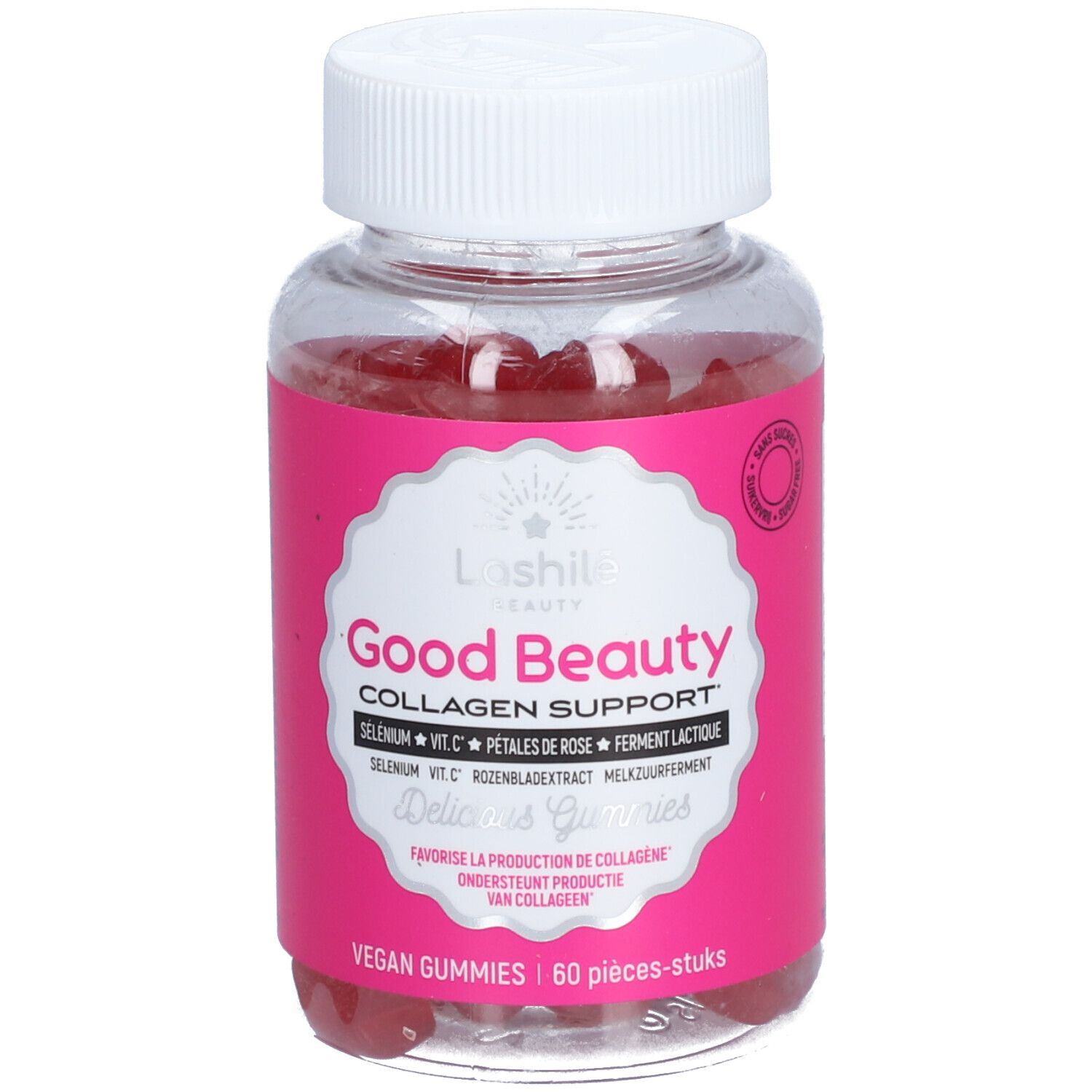 Flacon transparent de gummies rouges. Inscription: Good Beauty, Collagen Support. 60 pièces. Vegan.