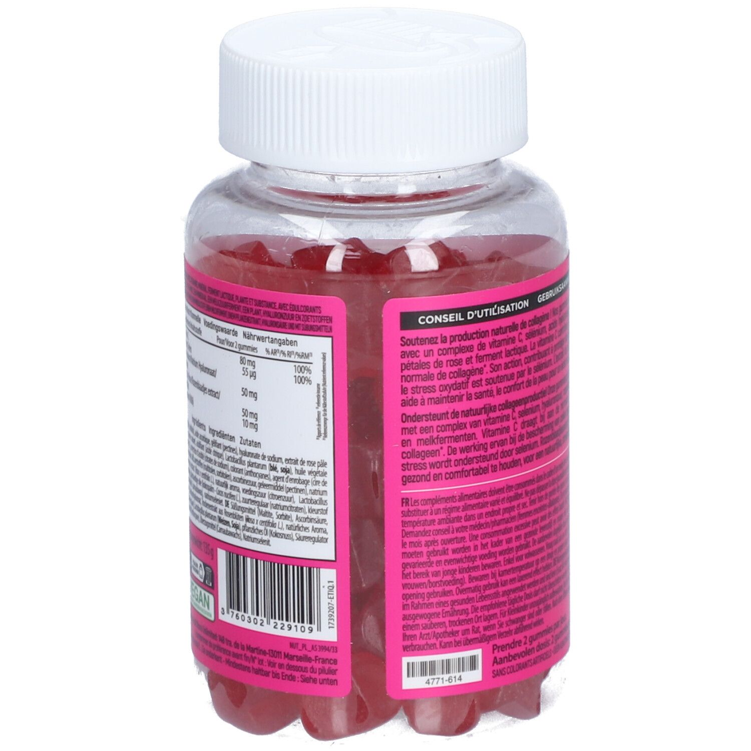 Dos du flacon avec informations nutritionnelles. Texte multilingue.