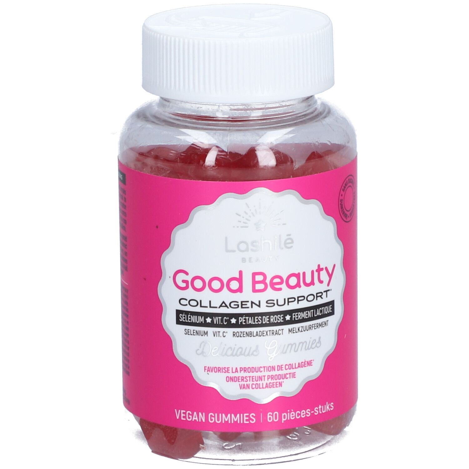Flacon transparent de gummies rouges. Inscription: Good Beauty, Collagen Support. 60 pièces. Vegan.