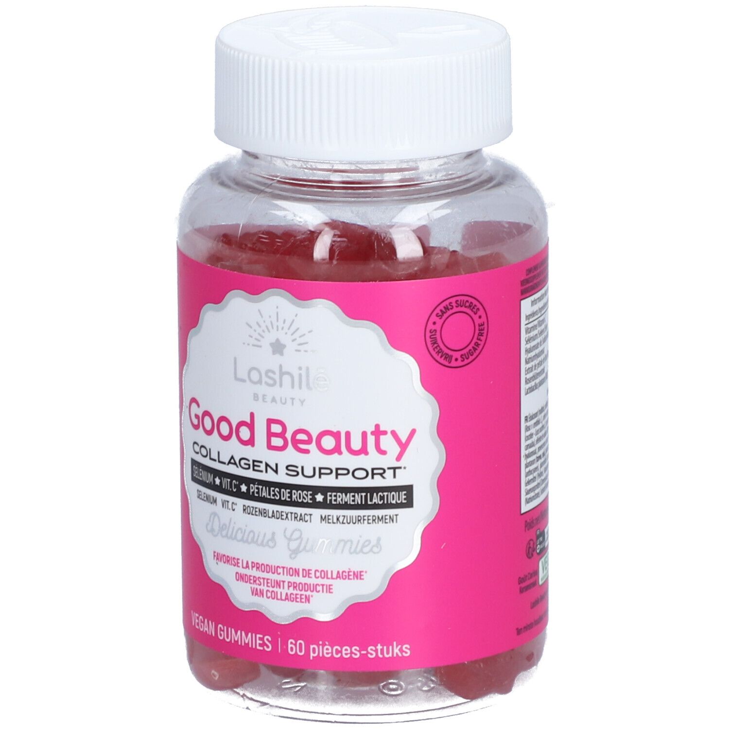Flacon transparent de gummies rouges. Inscription: Good Beauty, Collagen Support. 60 pièces. Vegan.