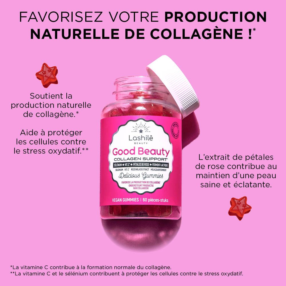 Image produit avec gummies étoiles. Inscription: Good Beauty, Collagen Support. Texte en français.