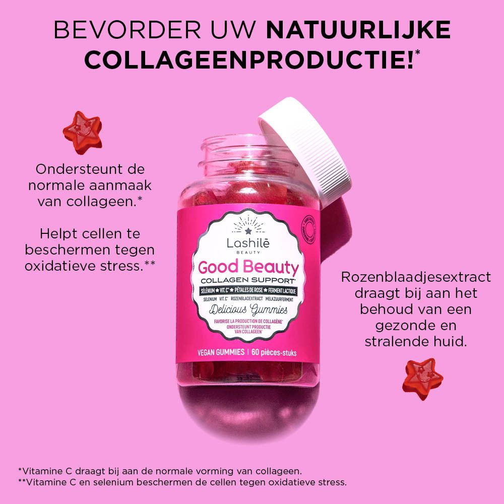 Productafbeelding met ster gummies. Opschrift: Good Beauty, Collagen Support. Nederlandse tekst.