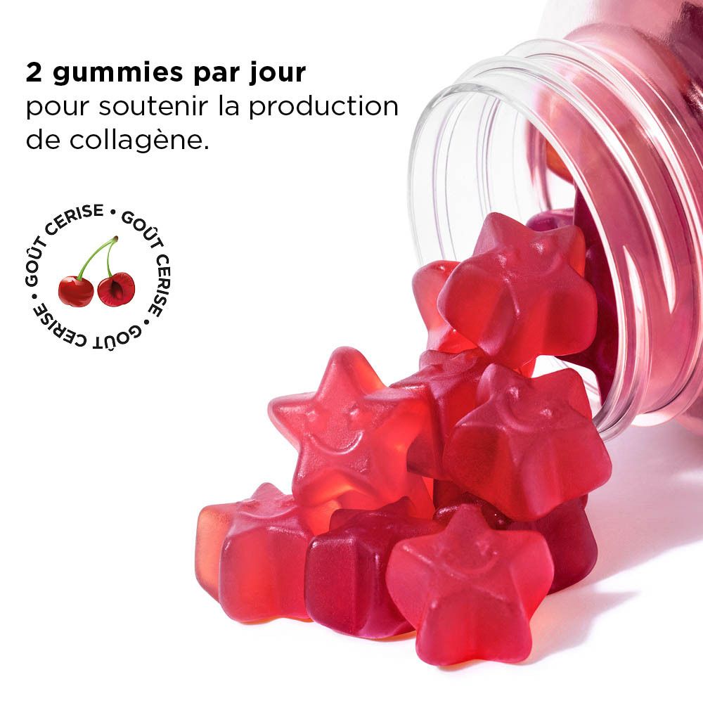 Gummies en forme d'étoiles versés d'un flacon. Goût cerise.