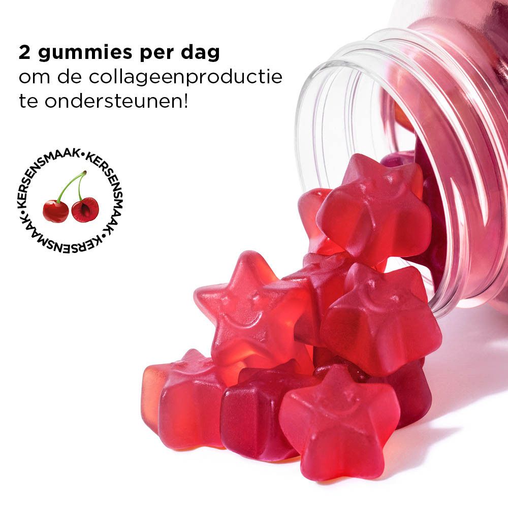 Stervormige gummies uit een fles gegoten. Kersen smaak.