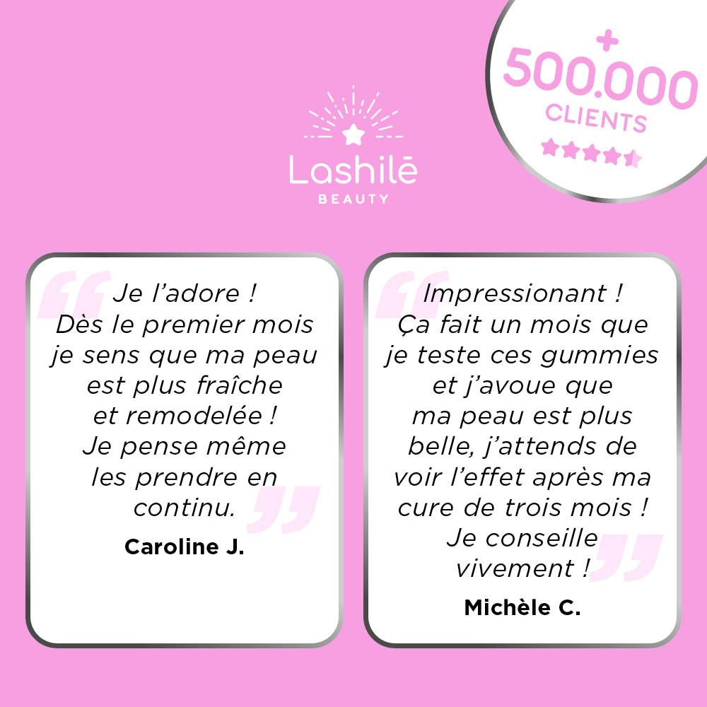 Deux blocs de texte avec avis clients. Fond rose. Logo Lashilé Beauty.