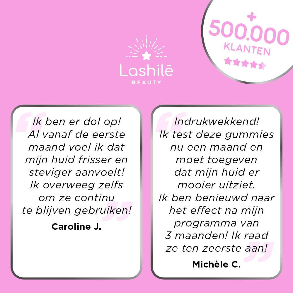 Twee tekstblokken met klantbeoordelingen. Roze achtergrond. Lashilé Beauty logo.