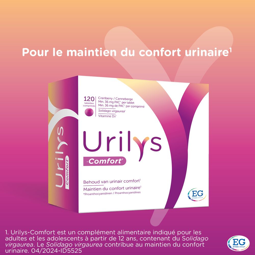 Boîte Urilys-Comfort. Texte : Pour le maintien du confort urinaire. Version française.