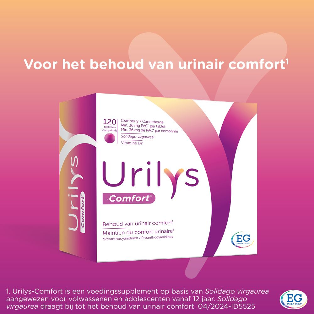 Urilys-Comfort verpakking. Tekst: Voor het behoud van urinaire comfort. Nederlandse versie.